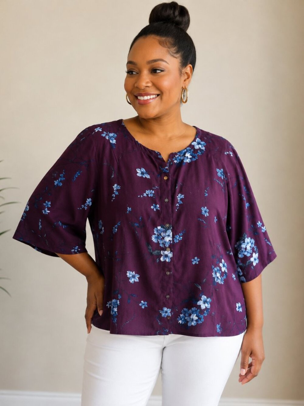 J. Jill XL Plum Floral Button Front Blouse 3/4 Bell Sleeves Boho Chic